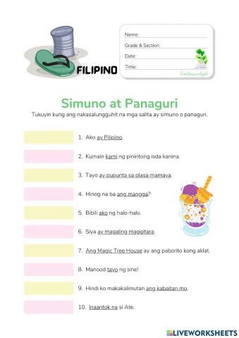 Simuno at Panaguri - HuntersWoodsPH Filipino Worksheet