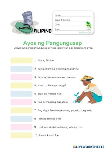 Ayos ng Pangungusap - HuntersWoodsPH Filipino Worksheet