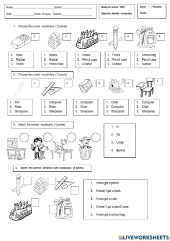 School objects and prepositions of place