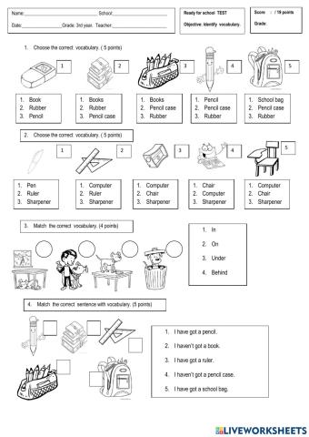 School objects and prepositions of place