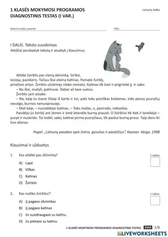 Diagnostinis testas. 1 klasė