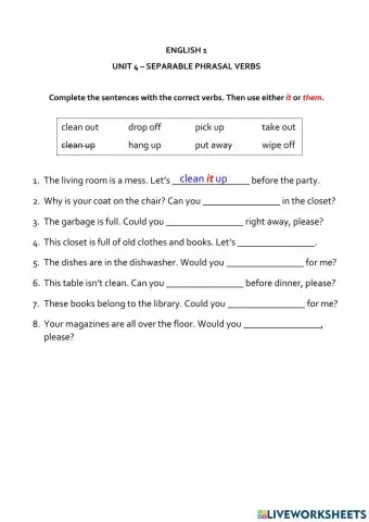 English 1 - U4 - Separable phrasal verbs