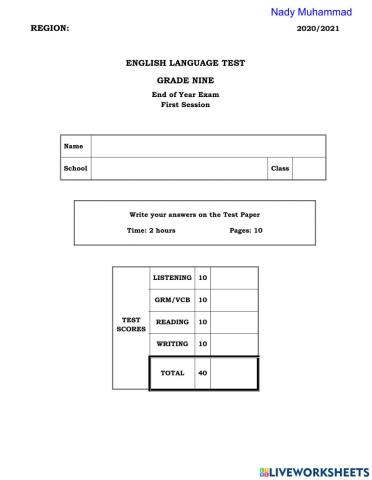 Grage 9 Mock Exam Nady Muhammad