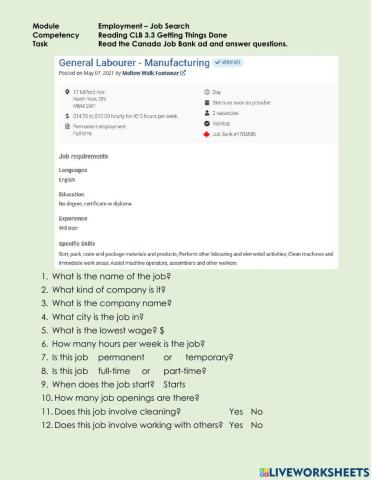 Reading CLB 3.3 GTD - Understand a Canada Job Bank ad (3)