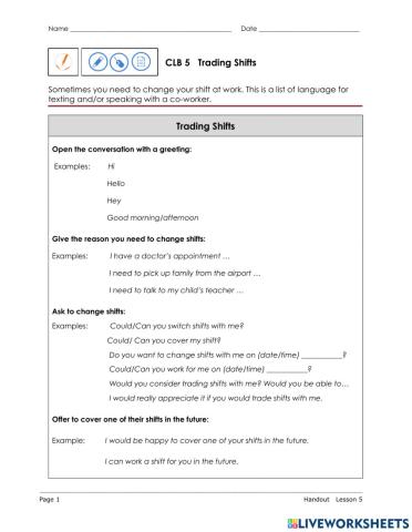 Trading shifts - Examples of Language