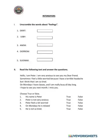 Intensifiers Unit 1 7th Grade