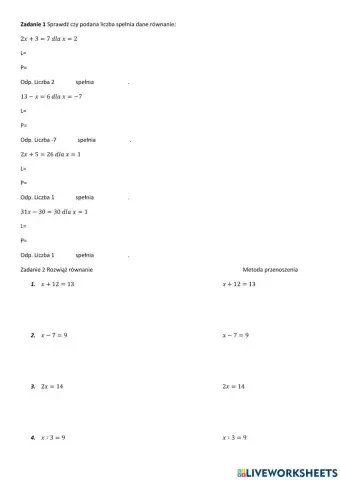 Karta pracy - rozwiązywanie równań klasa 6