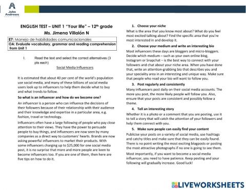 Unit 1 test 12th grade