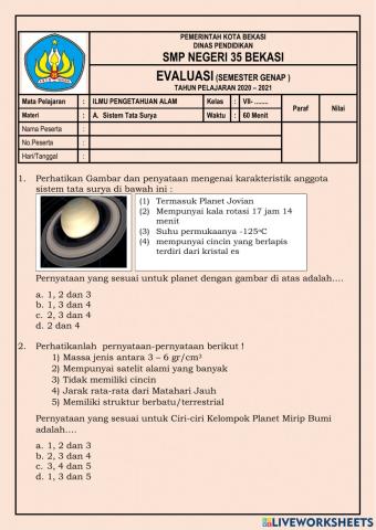 Evaluasi RPP 1 Sistem Tata Surya
