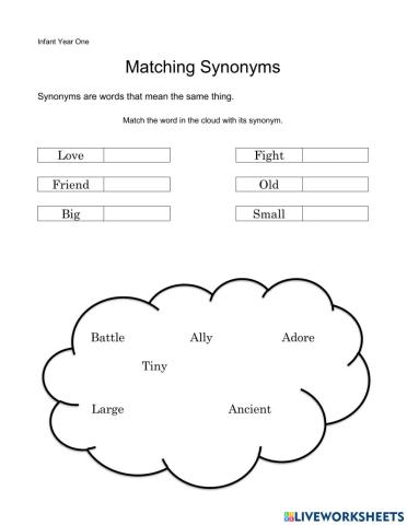 Infants Year One Synonyms Worksheet