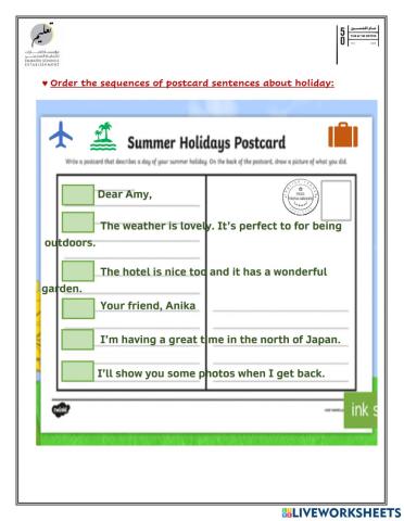 Reorder the sequences of the postcard about summer holiday