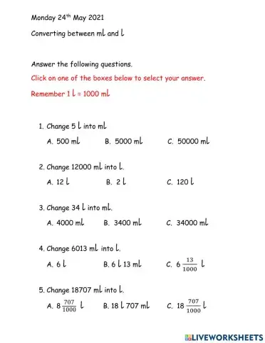 Converting between litres and millilitres