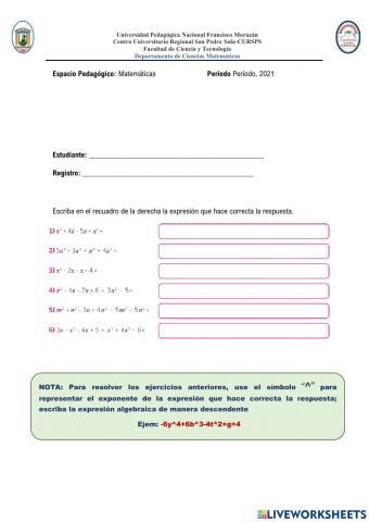 Actividad de expresiones algebraicas