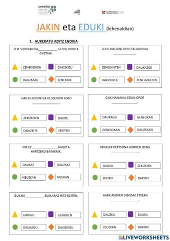 EDUKI ETA JAKIN aditzaK LEHENALDIAN