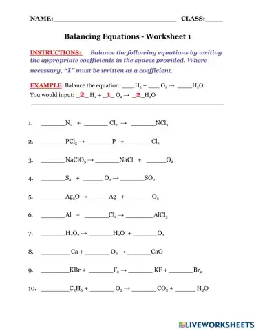 Balancing Equations - Worksheet 1 (2021)