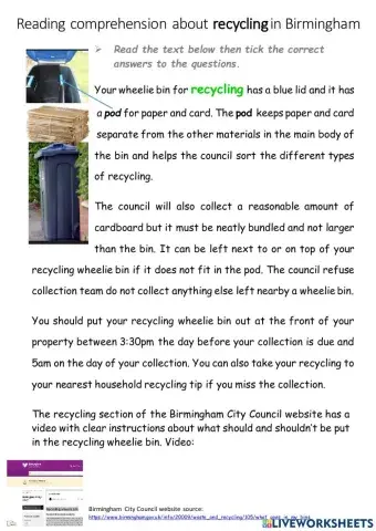 Reading comprehension about recycling in Birmingham