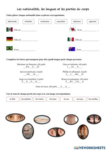 Examen: nationalités, langues et parties du corps