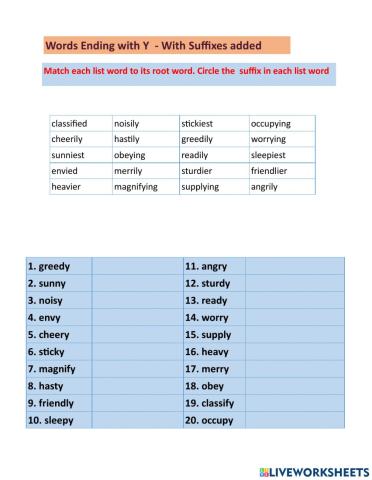 Words ending with y with suffixes added