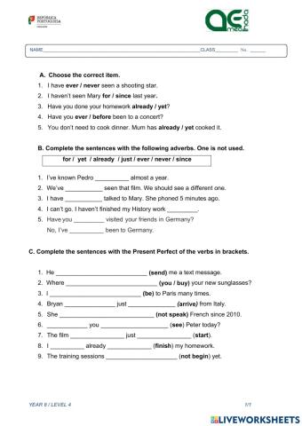 Formative Worksheet Present Perfect