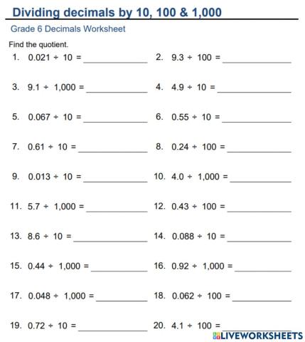 Divide decimals with 10, 10, 1000