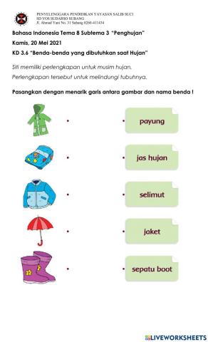 Latihan Bahasa Indonesia Tema 8 Subtema 3-Perlengkapan Musim Hujan