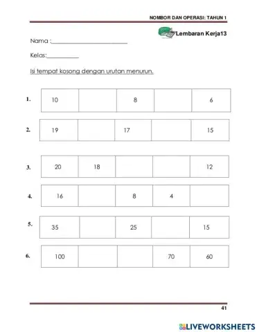 Rangkaian nombor TERTIB MENURUN tahun 1