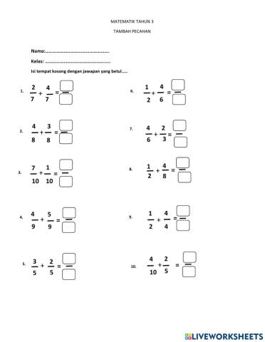 Matematik tahun 3, tambah pecahan