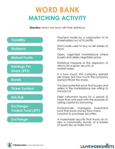 Wealthy Habits Word Bank Matching Activity CWS