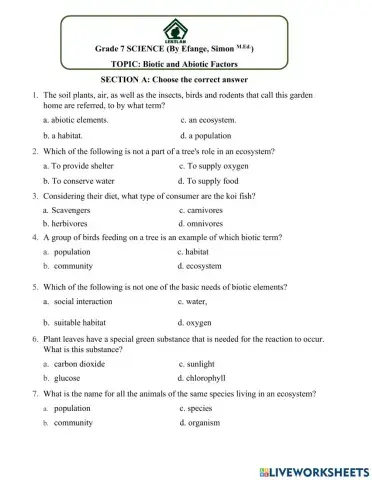Biotic and Abiotic Quiz