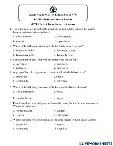 Biotic and Abiotic Quiz