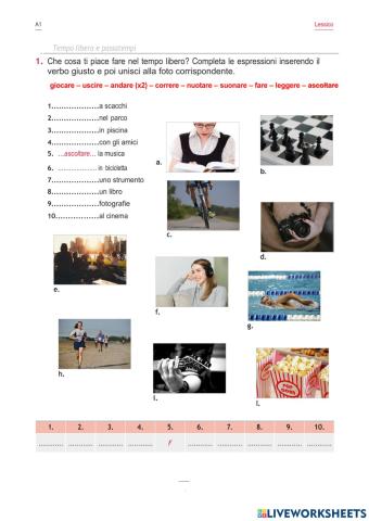 Hobbies - vocabolario  a1