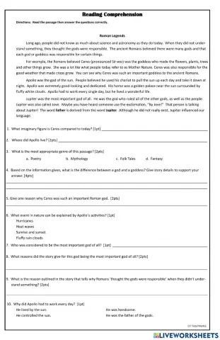 Reading Comprehension - Roman Gods