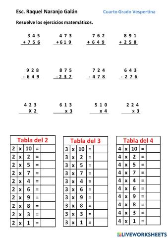 Ejercicios de Sumas, Restas, y Multiplicaciones.