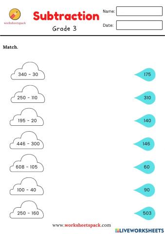 Subtraction worksheet matching