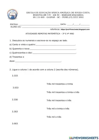 Atividade de matemática de 4 e 5 ano