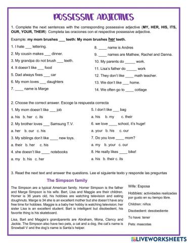 Possessive adjectives evaluation
