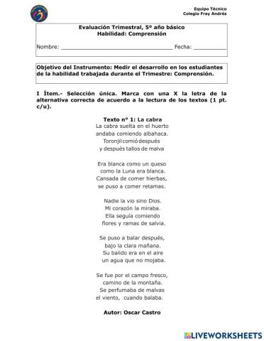 PRUEBA trimestral de 5º