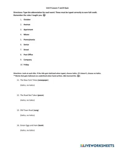 Unit 9 Quiz Lessons 7 and 8
