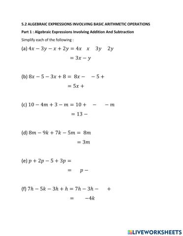 Basic Operations on Algebraic Expressions