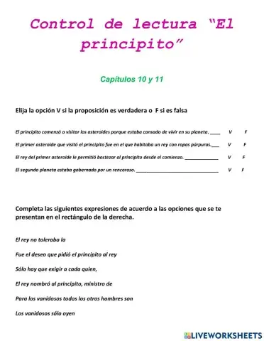 Control de lectura -El principito- Capítulos 10 y 11