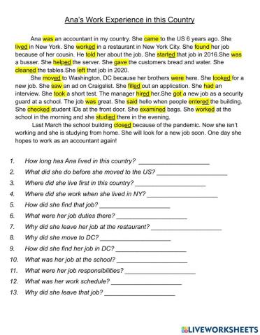 Ana's Work Experience in this Country