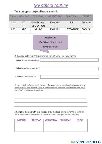 School subjects My Timetable