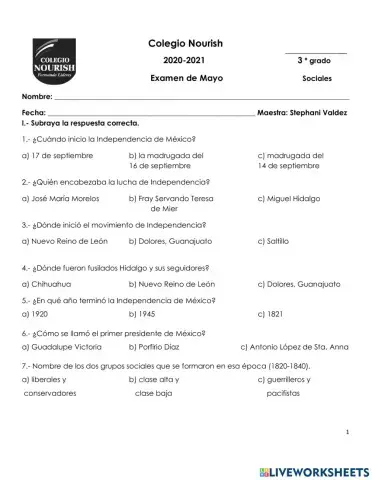 Examen de Sociales 3°