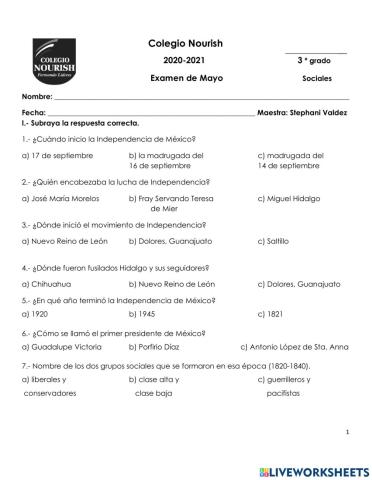 Examen de Sociales 3°