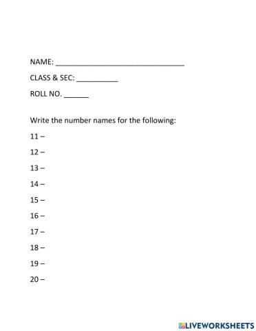 Number Names (11 to 20)