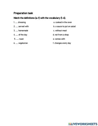 A restaurant menu - Preparation task