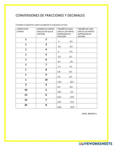 Conversiones de fracciones y decimales