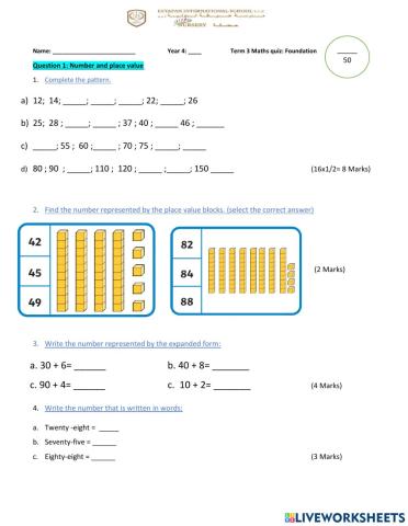 DIS Maths Term 3 Quiz 1 Foundation