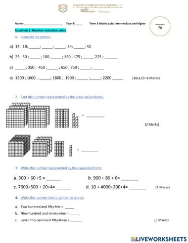 DIS Maths Term 3 Quiz 1 Intermediate and Higher