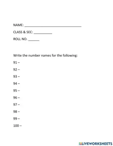 Number Names (91 to 100)